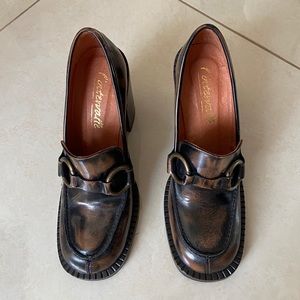 L’Intervalle Brown and Black Loafer High Heels with Gold Hardware